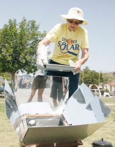 Mary Landau, GUSD’s solar chef/educator extraordinaire will be on hand to share tips for engaging your students solar cooking explorations. In this photo, Mary is cooking with a SunOven – capable of temperatures over 300F – at the Glendale Solar Discovery Faire.